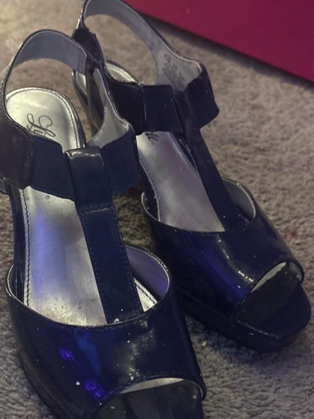 Patent Black T-Strap Peep-Toe Heels